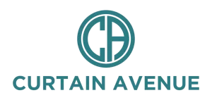 Teal logo with stylized letters CA inside a circle, above the text Curtain Avenue in uppercase teal letters on a light background.